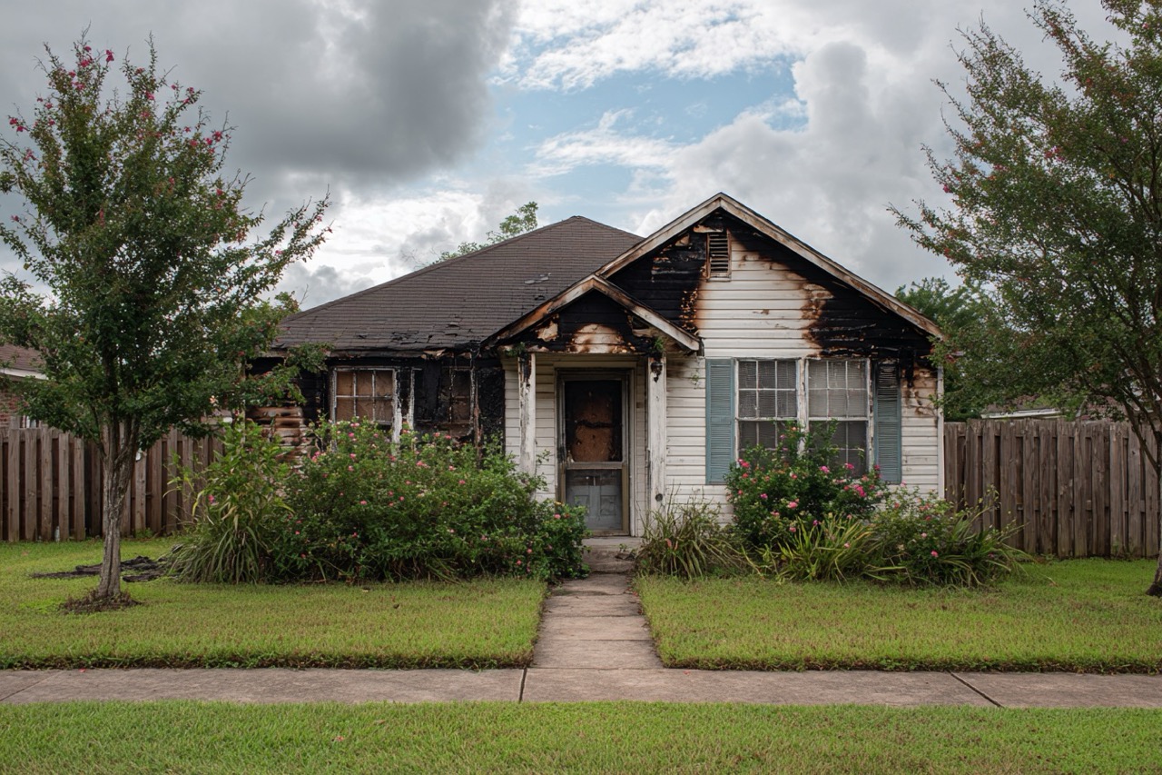 Fire damaged house in Texas showing exterior smoke damage