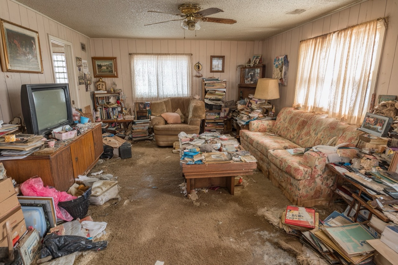 cluttered hoarder house interior texas property