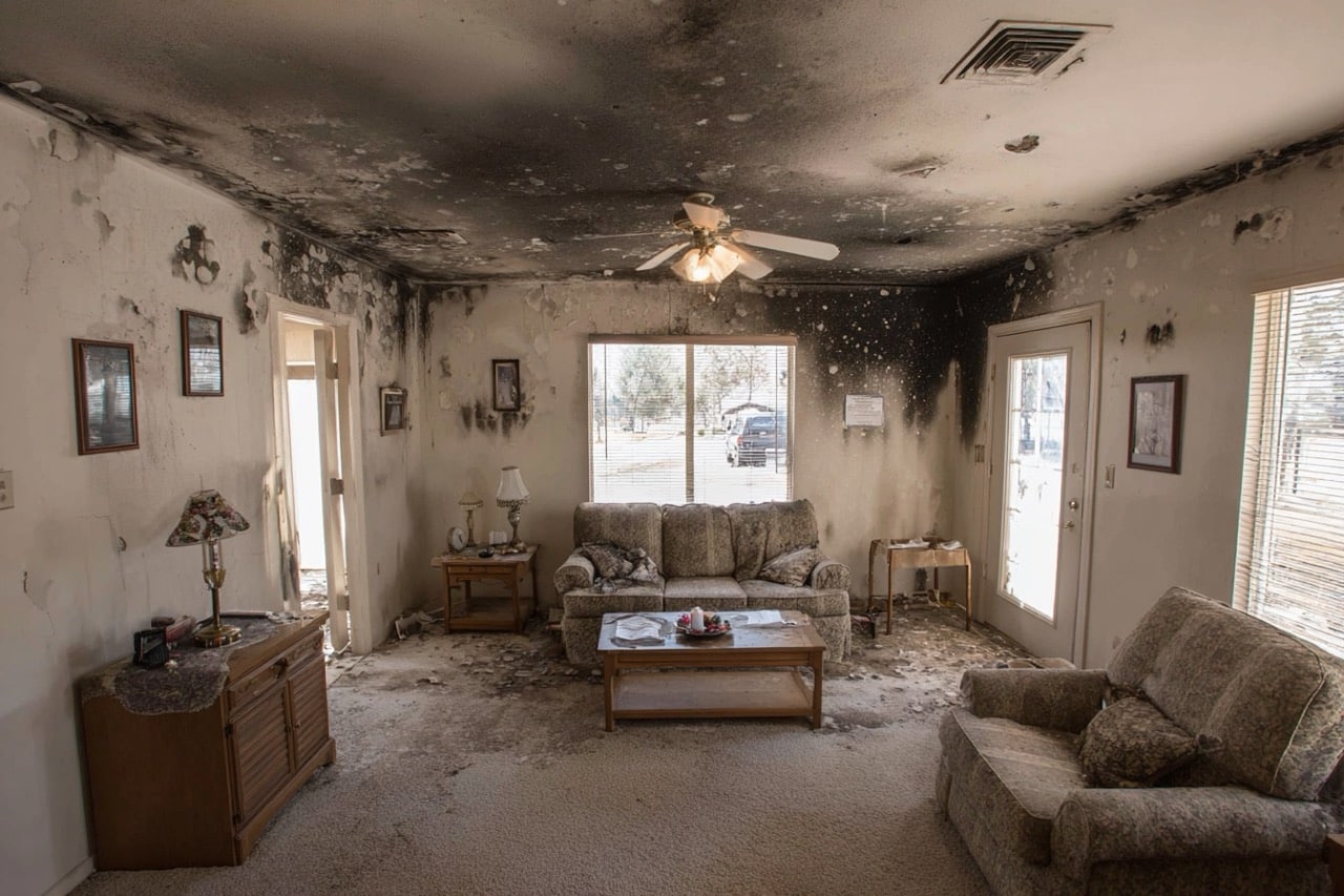 Interior of smoke damaged house in Texas