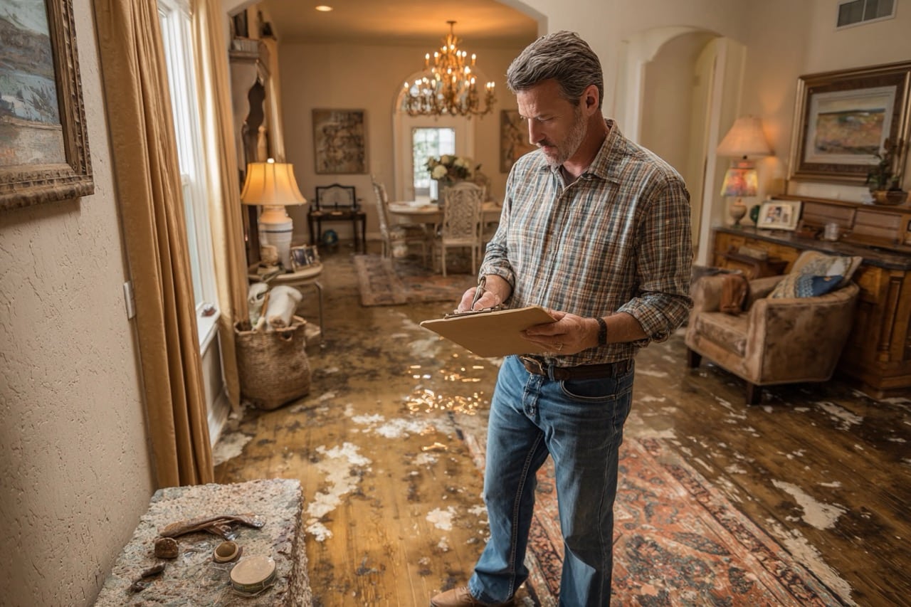 Texas homeowner assessing storm damage to residential property