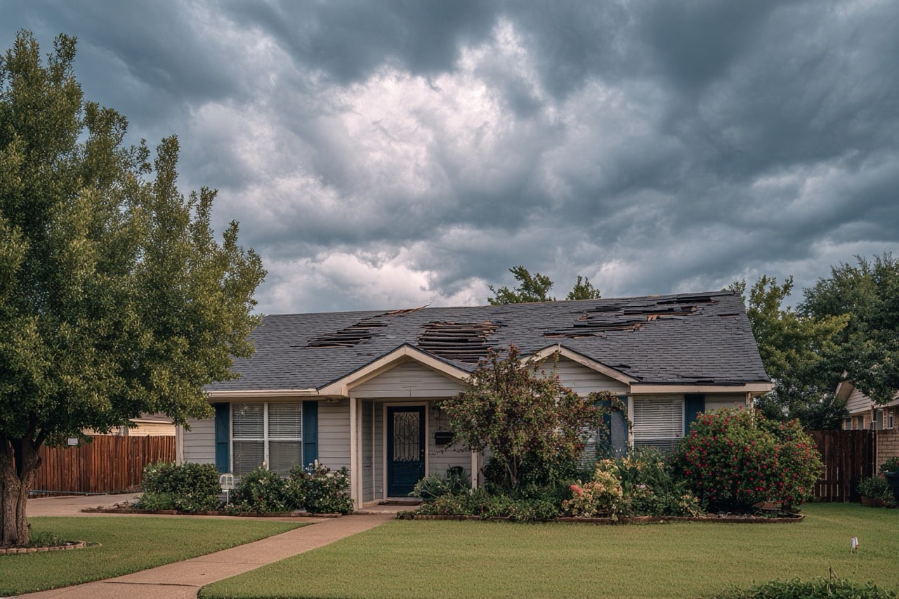 Storm damaged house in Texas after hurricane with roof damage