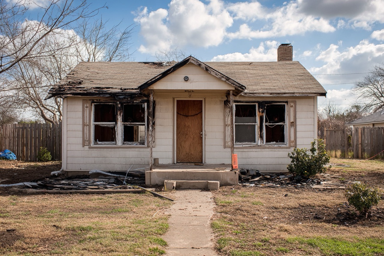 Fire damaged property in Texas showing restoration needs